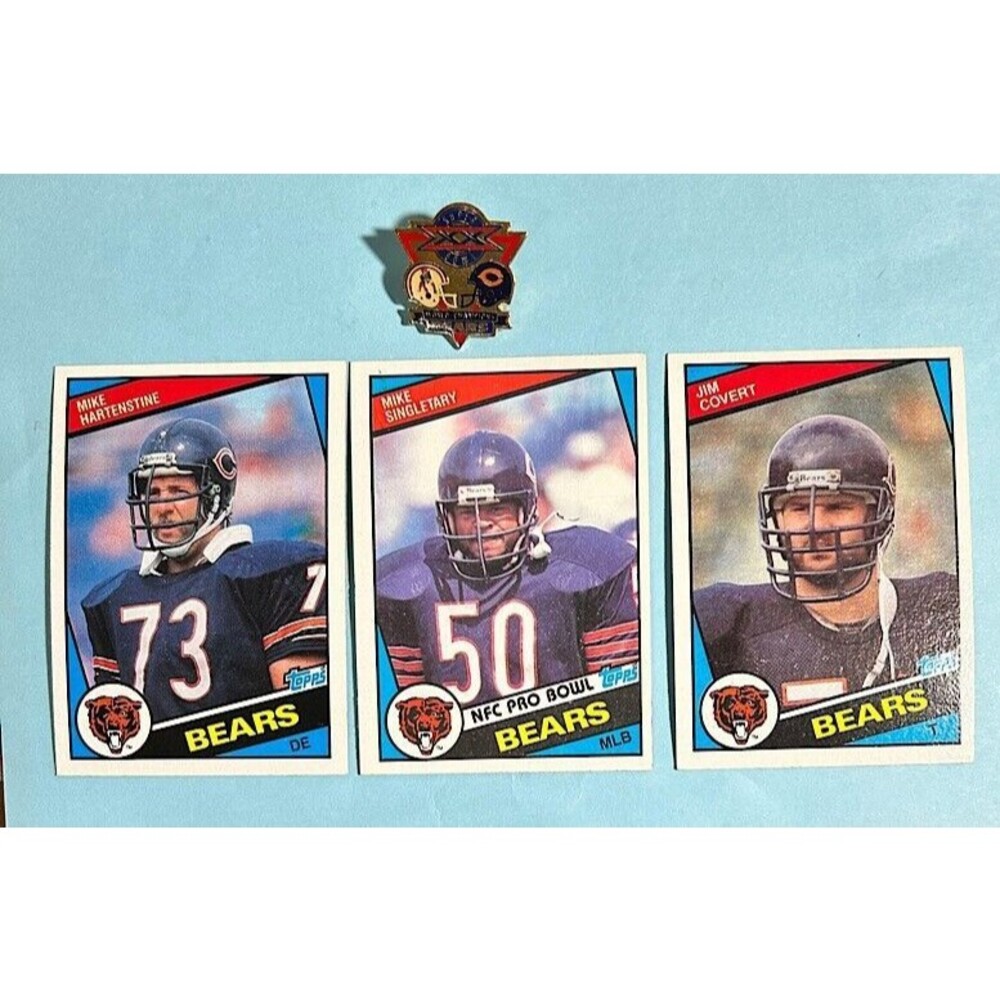 Super Bowl XX pin Bears over Pats, & 3Cards-'84 Topps Bears Covert, Singletary